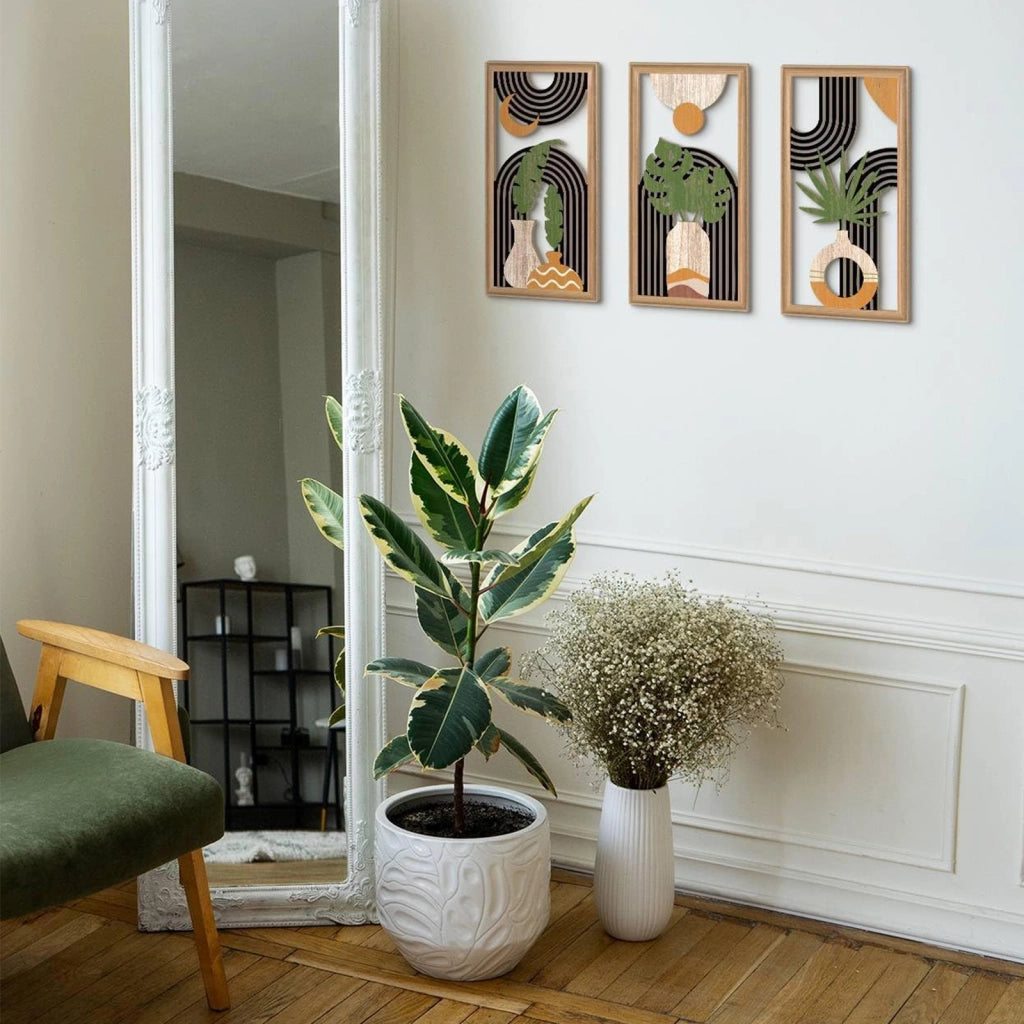 Set di 3 decorazioni da parete in legno boho con foglie