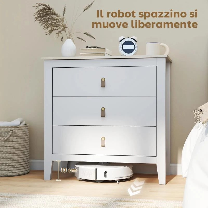 CASSETTIERA PER CAMERA DA LETTO A 3 CASSETTI CON MANIGLIE IN FINTA PELLE, 80X40X78.5 CM, BIANCO