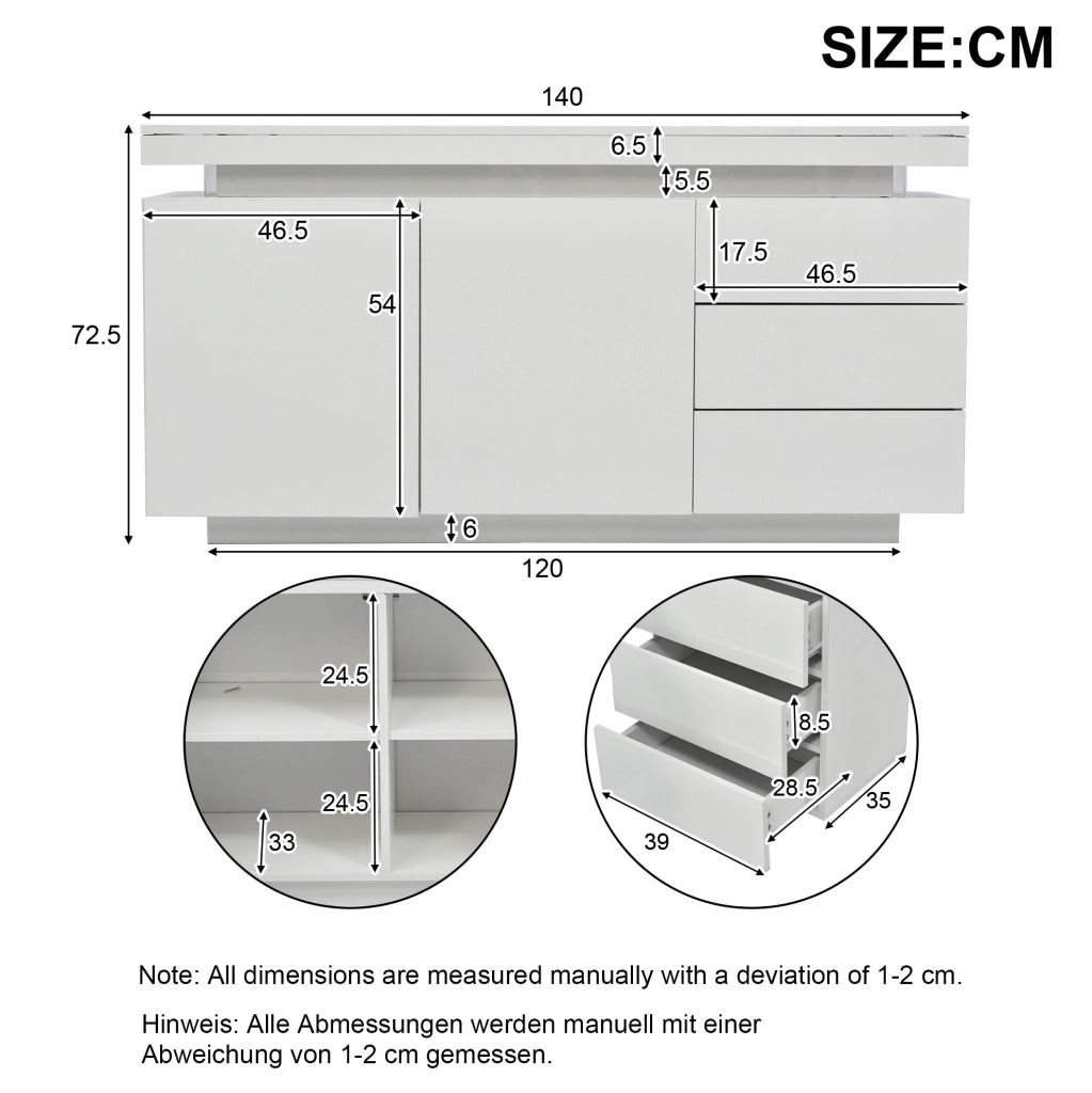Credenza 140x35x72.5 cm con LED; 2 ante e 3 cassetti; bianco
