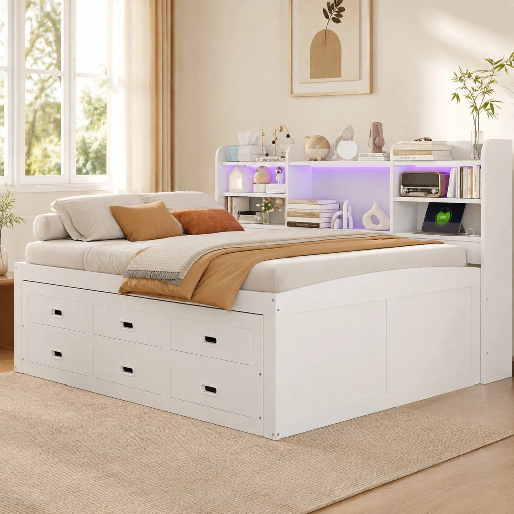 Letto estraibile 140x200 cm con LED, cassetti e USB-C