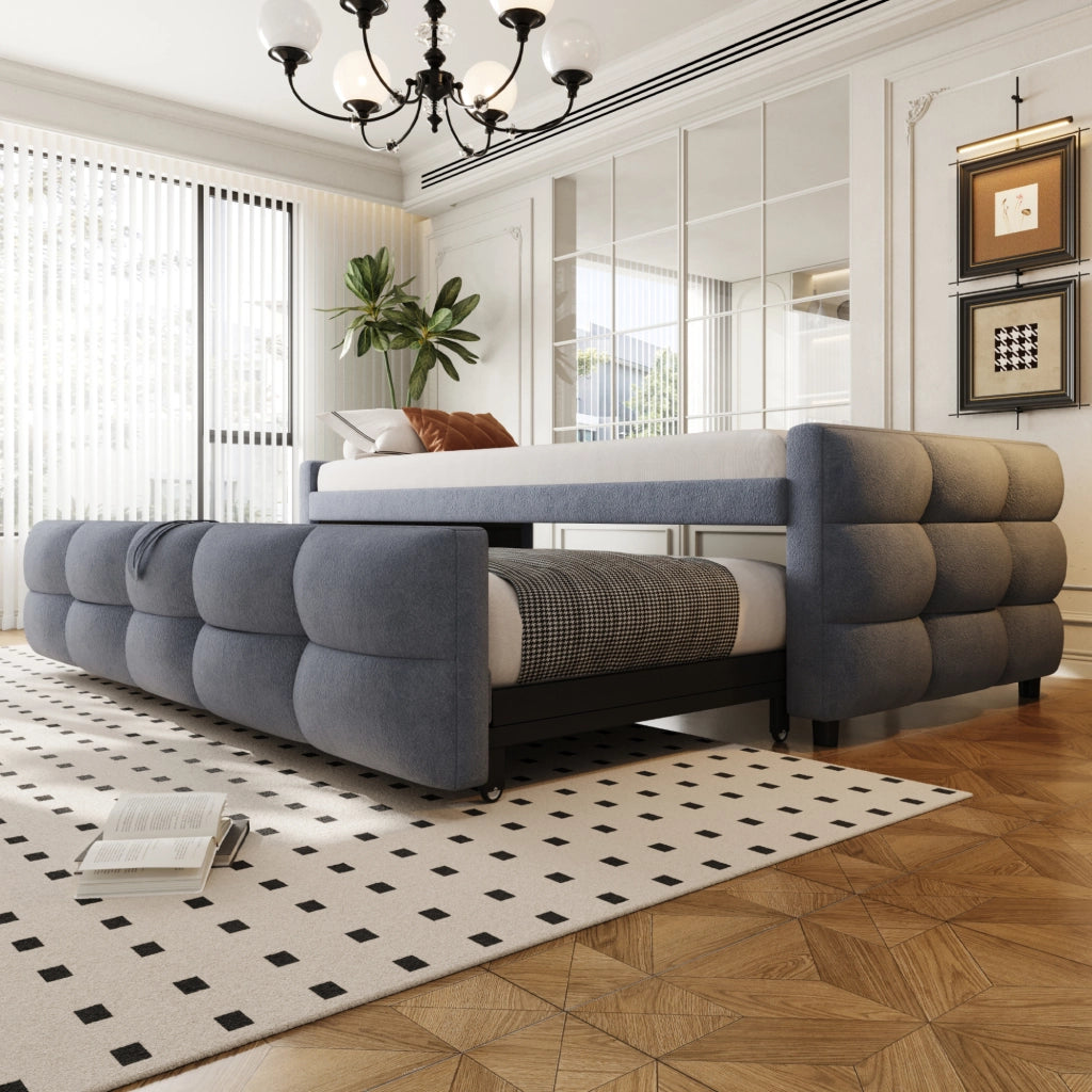 Letto imbottito estraibile 90/180x190 cm in tessuto Teddy grigio con rete a doghe