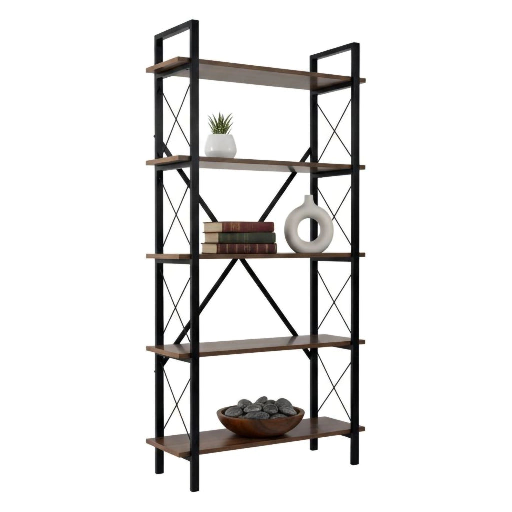 Libreria Suriel, Scaffale da ufficio, Mobile portalibri, Biblioteca, 90x34 h180 cm, Noce e Nero