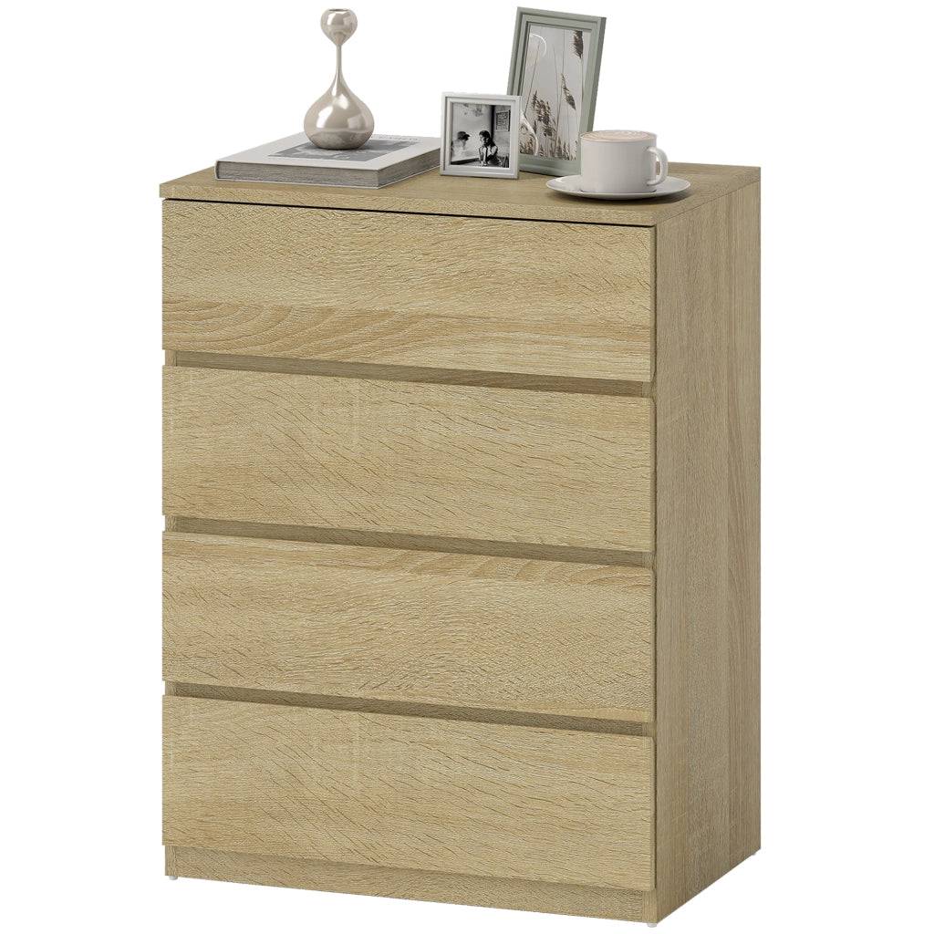 Cassettiera 4 Cassetti in Legno con Guide in Metallo e Maniglie Scanalate, 60x40x80 cm, color Faggio