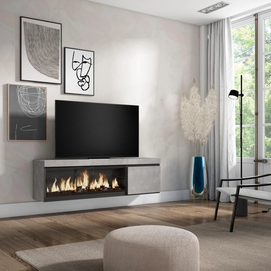 Mobile TV Soggiorno, 158x35x45cm, Per TV fino a 65", Camino elettrico XXL, da appendere, grigio cemento RF3241