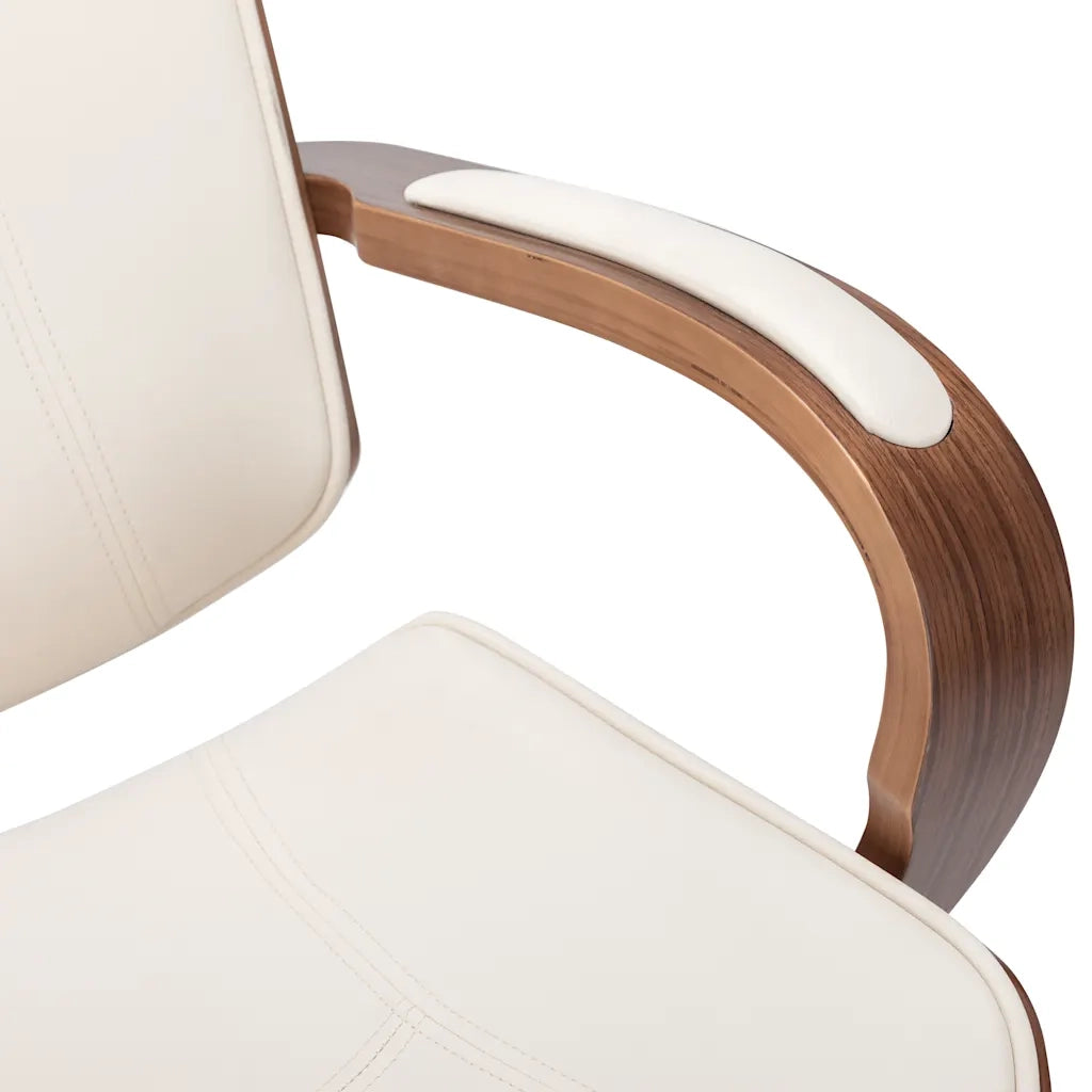 Sedia da Ufficio | Sedia Girevole con Poggiatesta Crema Similpelle e Legno Curvato