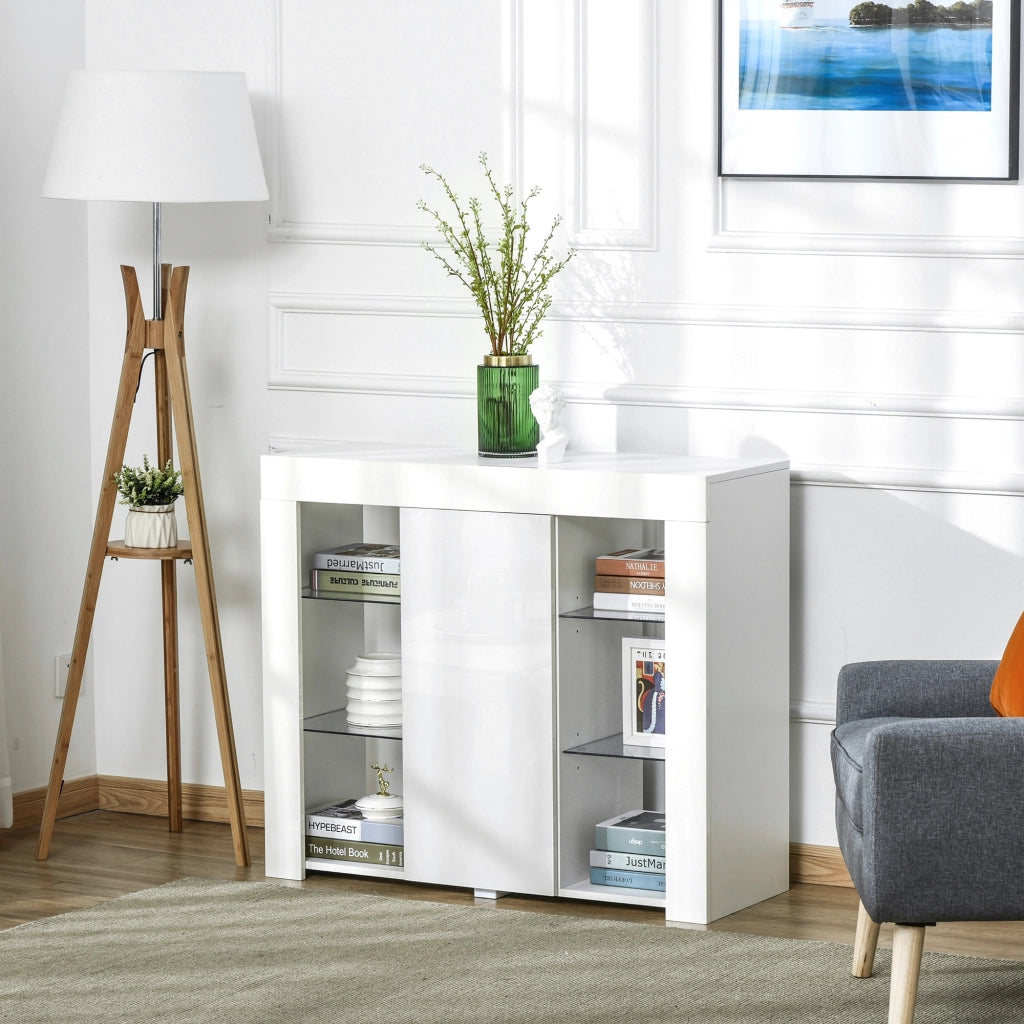 EasyComfort Credenza Moderna a Anta con Luci LED e Mensole in Vetro, Mobile Multiuso in Legno con Finitura Lucida, 97x35x83cm, Bianco
