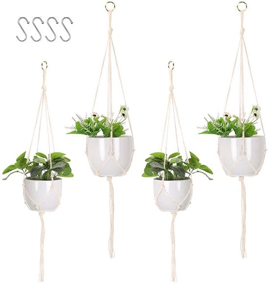 Set di 4 Corda Macramé per Sospensione, in Cotone, Beige, Per Piantine, per Interno, Esterno, Giardino, Terrazza, Finestra, Salotto, 2 Dimensioni