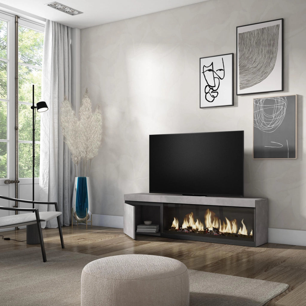 Mobile TV Soggiorno, 158x35x45cm, Per TV fino a 65", Camino elettrico XXL, grigio cemento RF3238