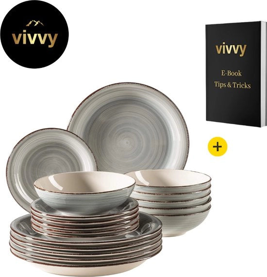 Set di piatti 6 posti - Servizio da tavola 6 posti 2 in 1 - Piatti 6 posti multifunzionali - Porcellana da tavola - Stile vintage - Resistente all'acqua calda del lavastoviglie - 12 piatti & 6 ciotole