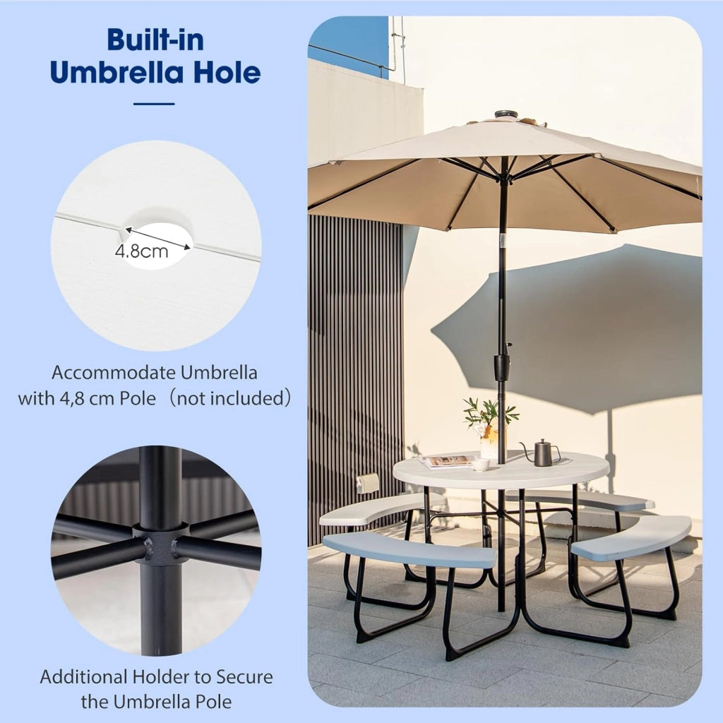 Set di Tavolo da Picnic Rotondo per 8 Persone, Set di Sedie e Tavolo con Foro per Ombrellone, Mobili da Giardino con 4 Panche, in HDPE e Metallo, φ190 x 76 cm (Bianco)