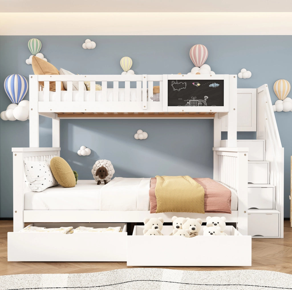 Letto a castello per bambini con lavagna e cassetti; 90x200 + 140x200; bianco
