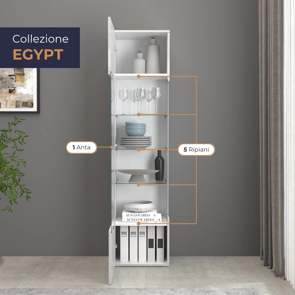 WHOUS Vetrinetta espositiva Egypt con 1 anta e 5 ripiani bianco lucido 45x34x190 cm