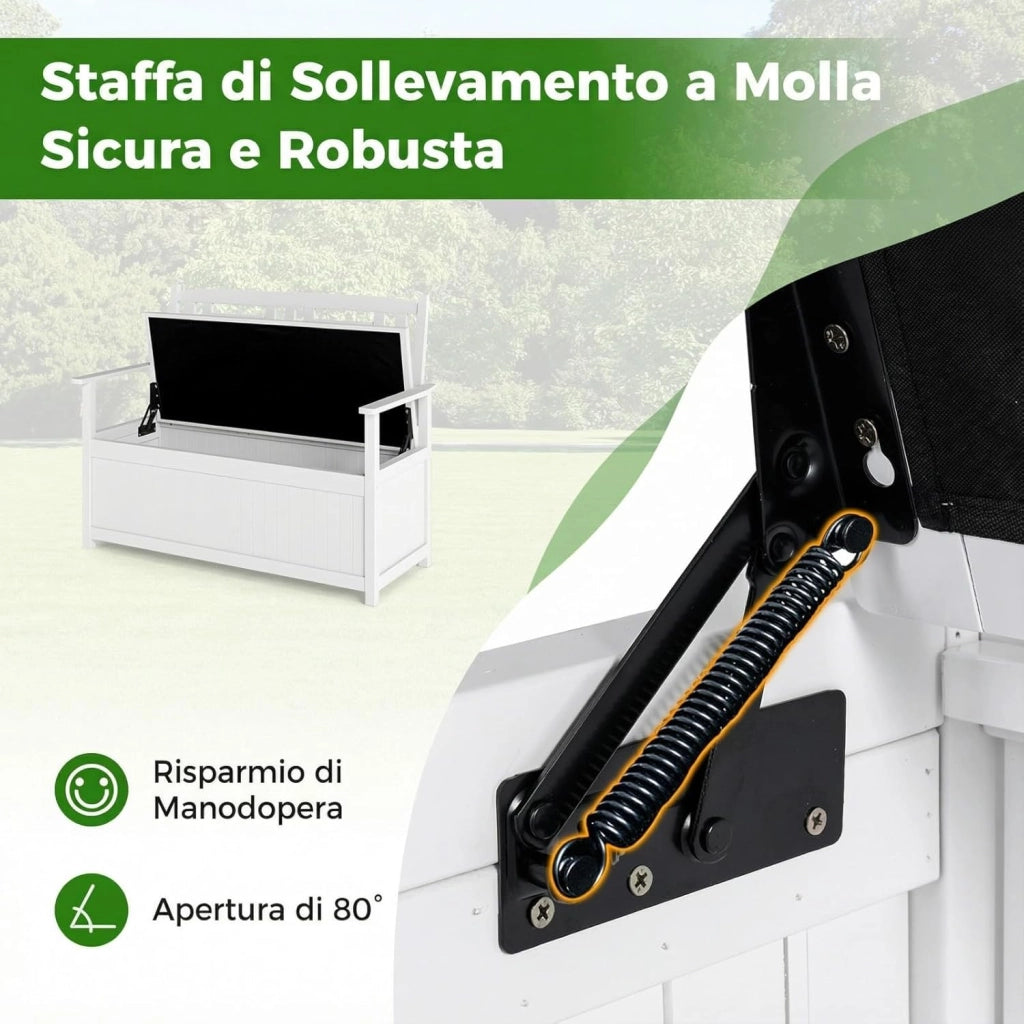 Panchina da Giardino con Contenitore di Legno, Cassapanca da Esterno 2 Posti con Schienale e Braccioli, Panca per Cortile e Ingresso, 123 x 68,5 x 96 cm (Bianco)