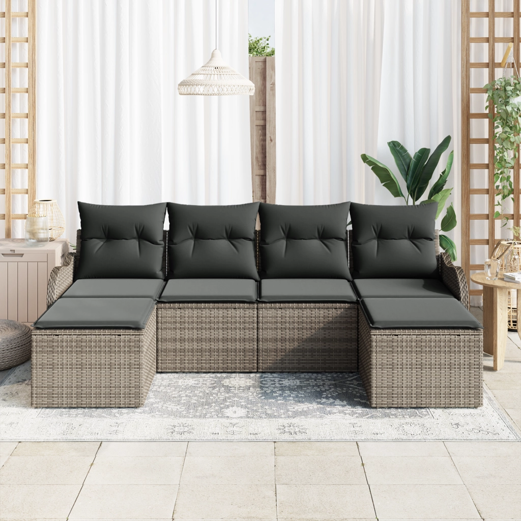 Set Divano da Giardino  6 Pezzi con Cuscini Grigio Rattan Polietilene