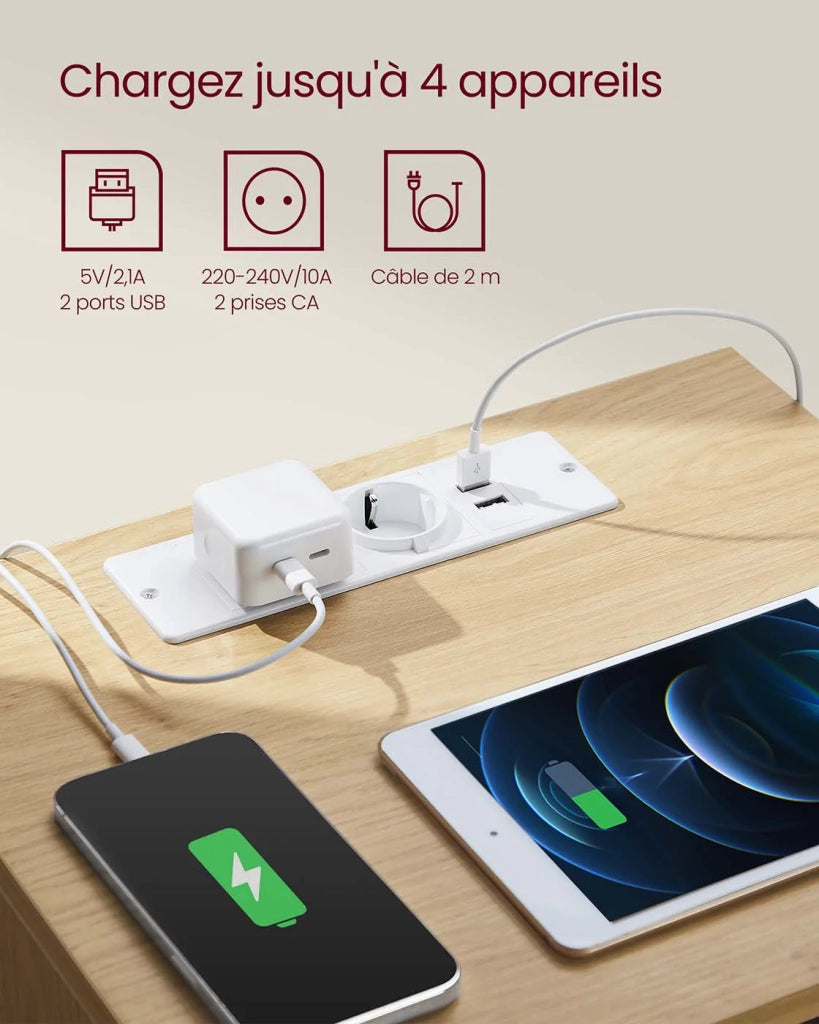 Comodino con multipresa tavolino con 3 cassetti 2 prese CA 2 porte USB frontali dei cassetti smussati per soggiorno camera da letto ufficio moderno marrone 12_0007614
