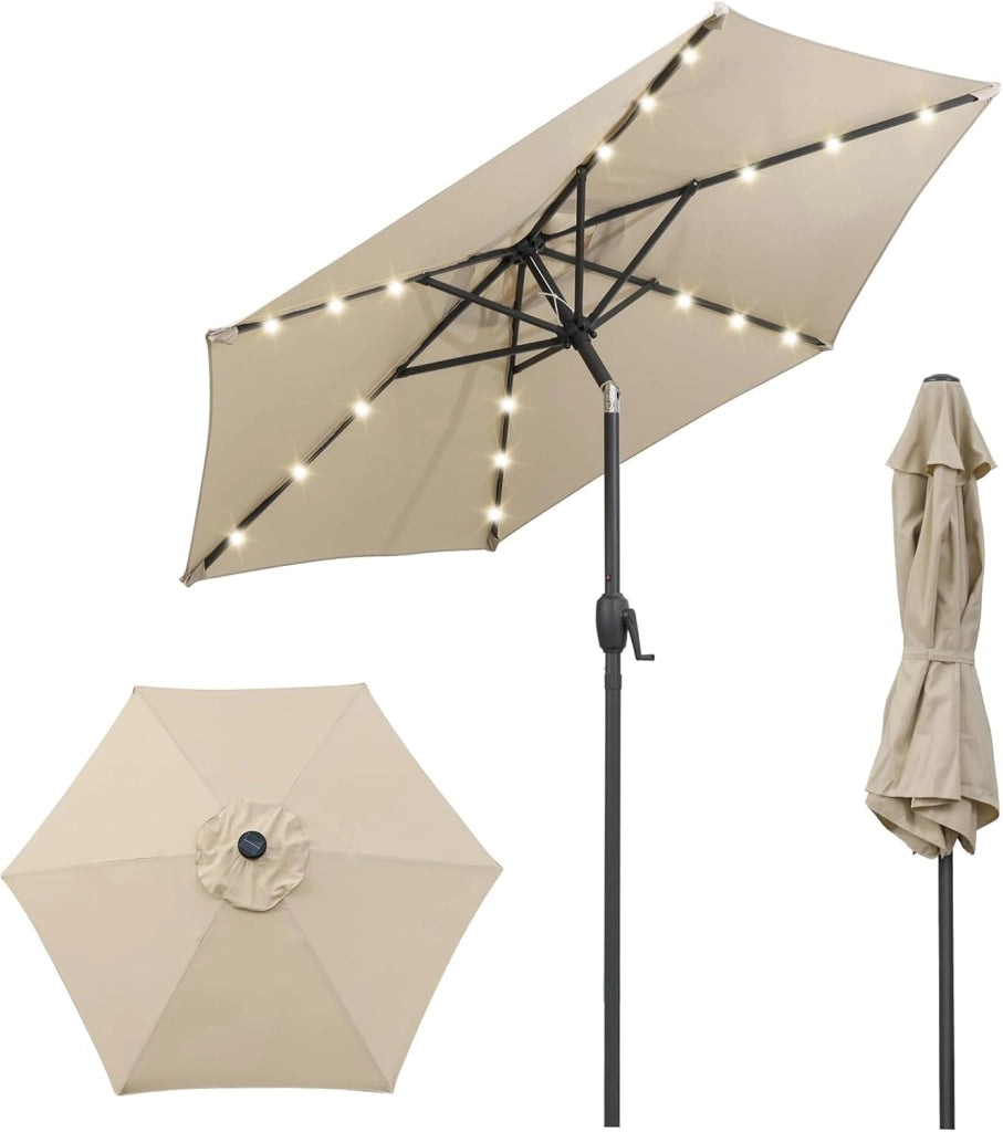 Ombrellone da Giardino 230 cm, Ombrello per Esterni con inclinazione Regolabile, 18 Luci LED, Manovella e Tettuccio Ventilato, Ombrello per Giardino, Cortile, Piscina (Beige)