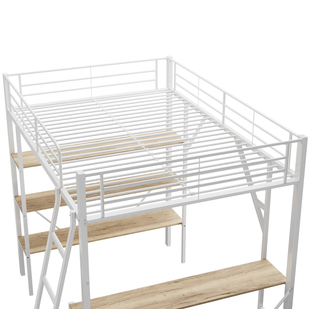 Letto a soppalco 90 x 200 cm con scrivania e tre ripiani, bianco
