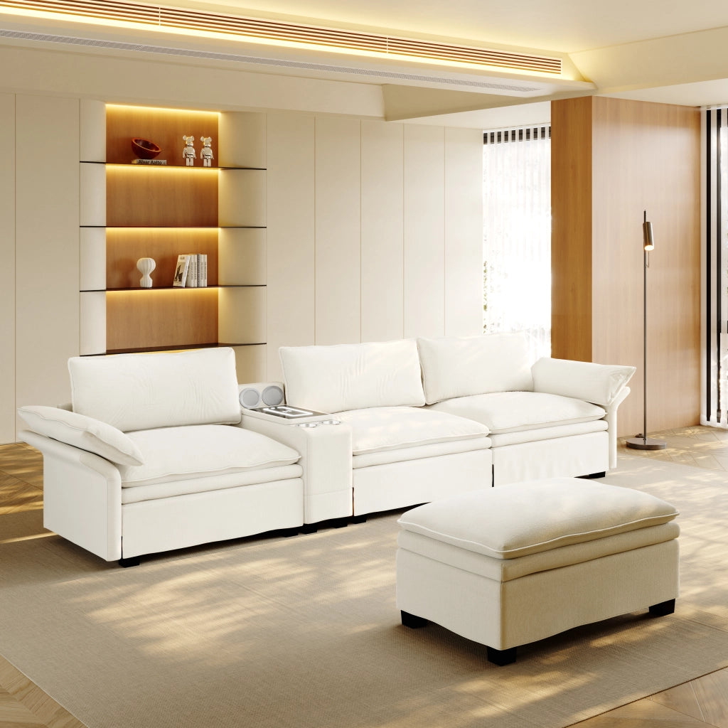 Divano angolare modulare 4 posti con contenitore ricarica wireless audio bluetooth e luci in chenille beige e bianco