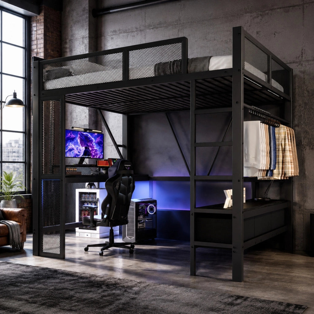 DESMIU Letto a soppalco matrimoniale con USB, LED, scrivania e 3 cassetti, 140 × 200 cm, senza materasso