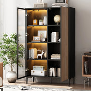 Mobile vetrina alto 90x40x135 cm con LED RGB; 2 ante; MDF nero e naturale