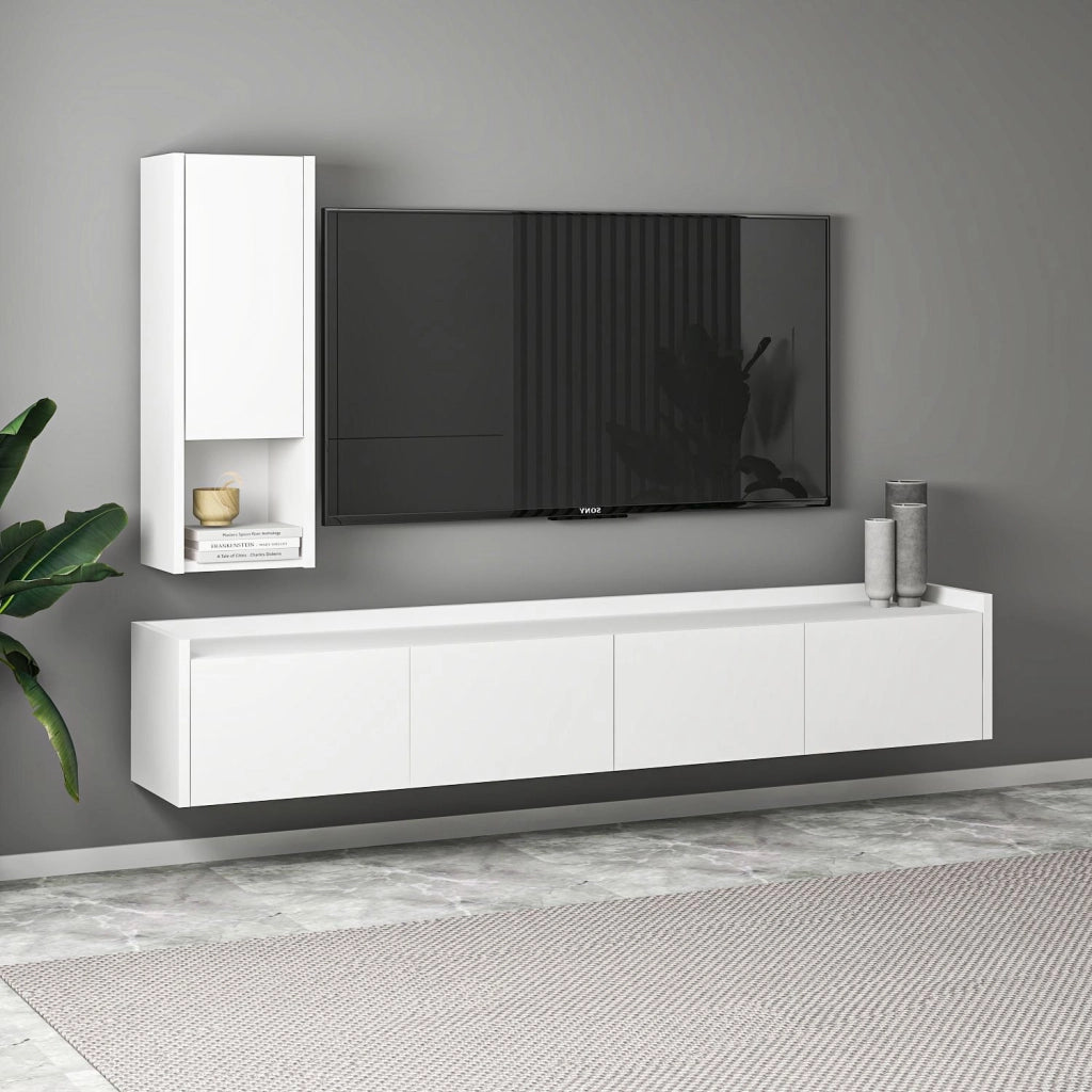 Mobile TV in legno "Sema" con mensola a muro - 160 x 30 x 35 cm - Bianco