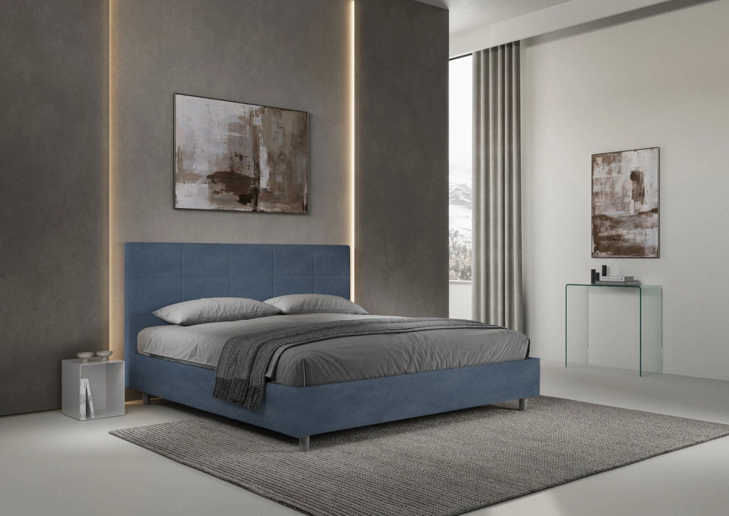 BS COM Letto matrimoniale king size con rete imbottito 190x210 microfibra blu