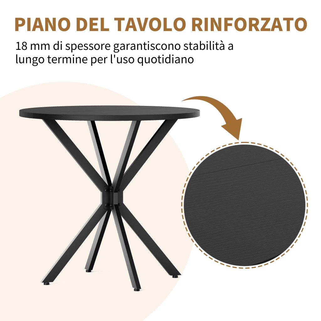 Tavolo da pranzo rotondo con gambe a X in ferro, piano nero, per cucina e home office, diametro 80 cm