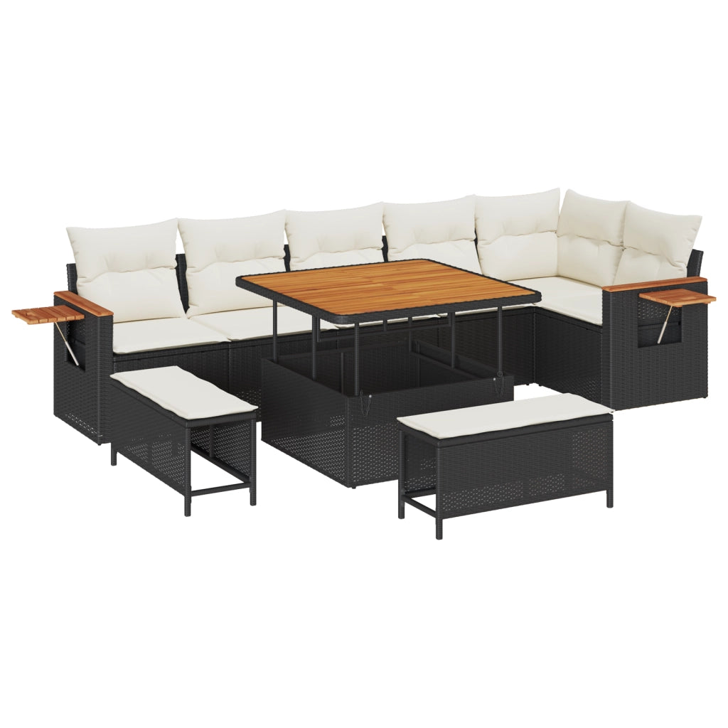 Set Divano Giardino con Cuscini 9 Pezzi Poli Rattan Nero Acacia