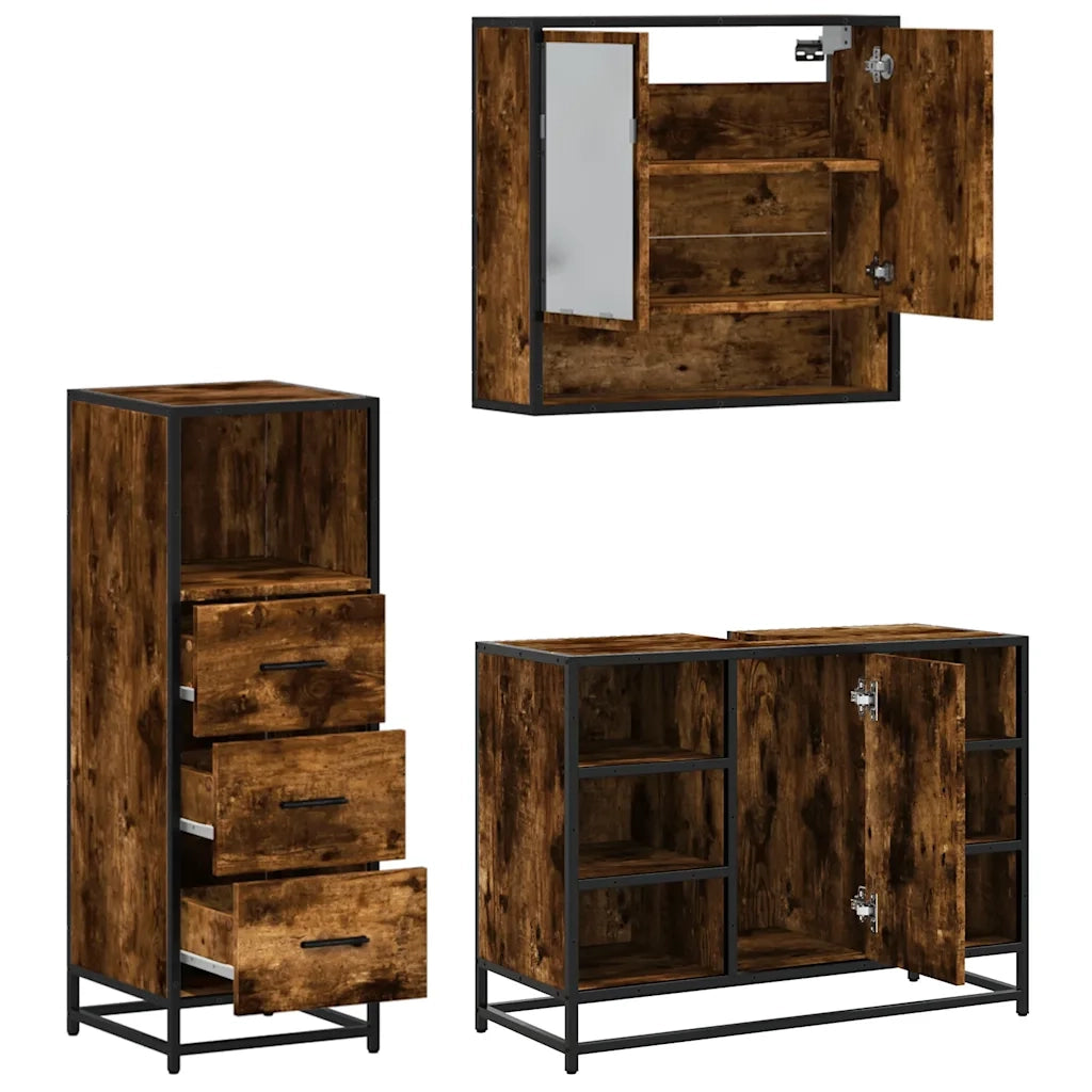 Set Mobili da Bagno 3 pz Rovere Fumo in Legno Multistrato 3301062