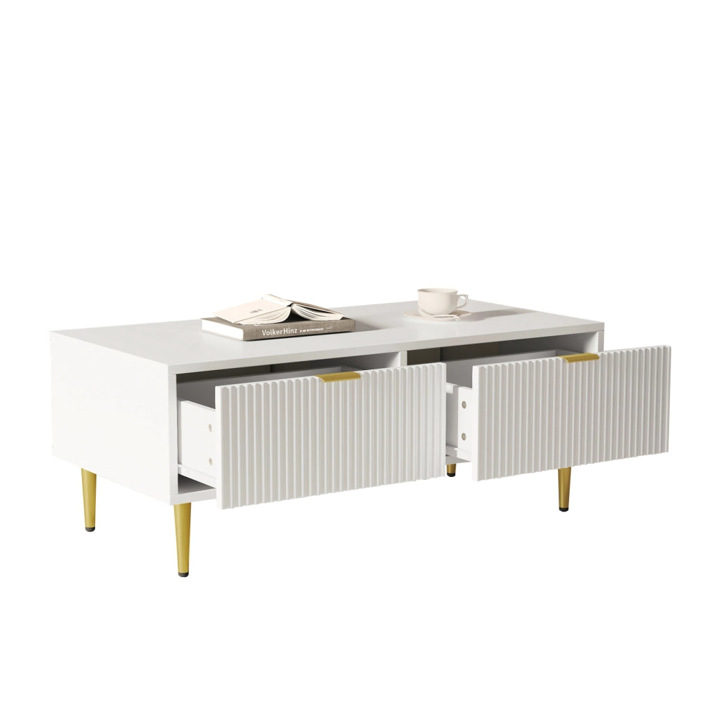 Tavolino da caffè bianco e oro con 2 cassetti; ripiano inferiore; MDF; 100x50x40 cm