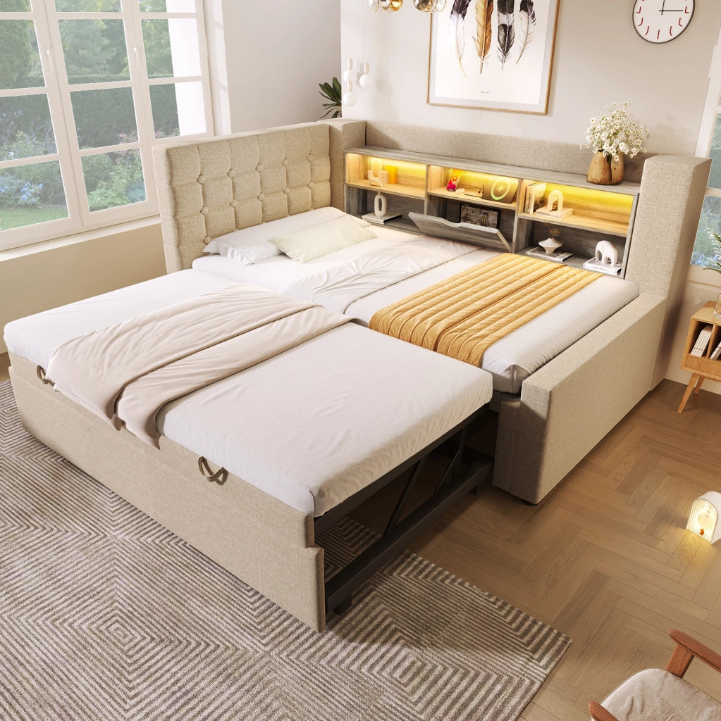 Letto imbottito con letto estraibile; LED e porte di ricarica; 90x200 cm; beige