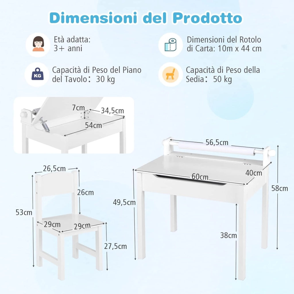 Set Tavolo e Sedia D'arte per Bambini, Scrivania da Disegno per 3 Anni con Portarotolo e Piano Ribaltabile, Vano Portaoggetti, Rotolo di Carta e Pennarelli, 60 x 40 x 58 cm (Bianco)