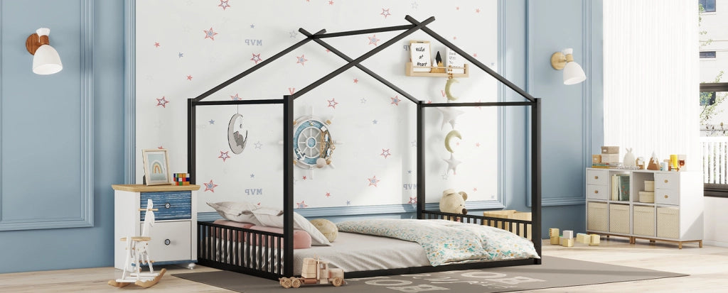Letto per bambini in ferro nero 140x200 cm con struttura a forma di casa