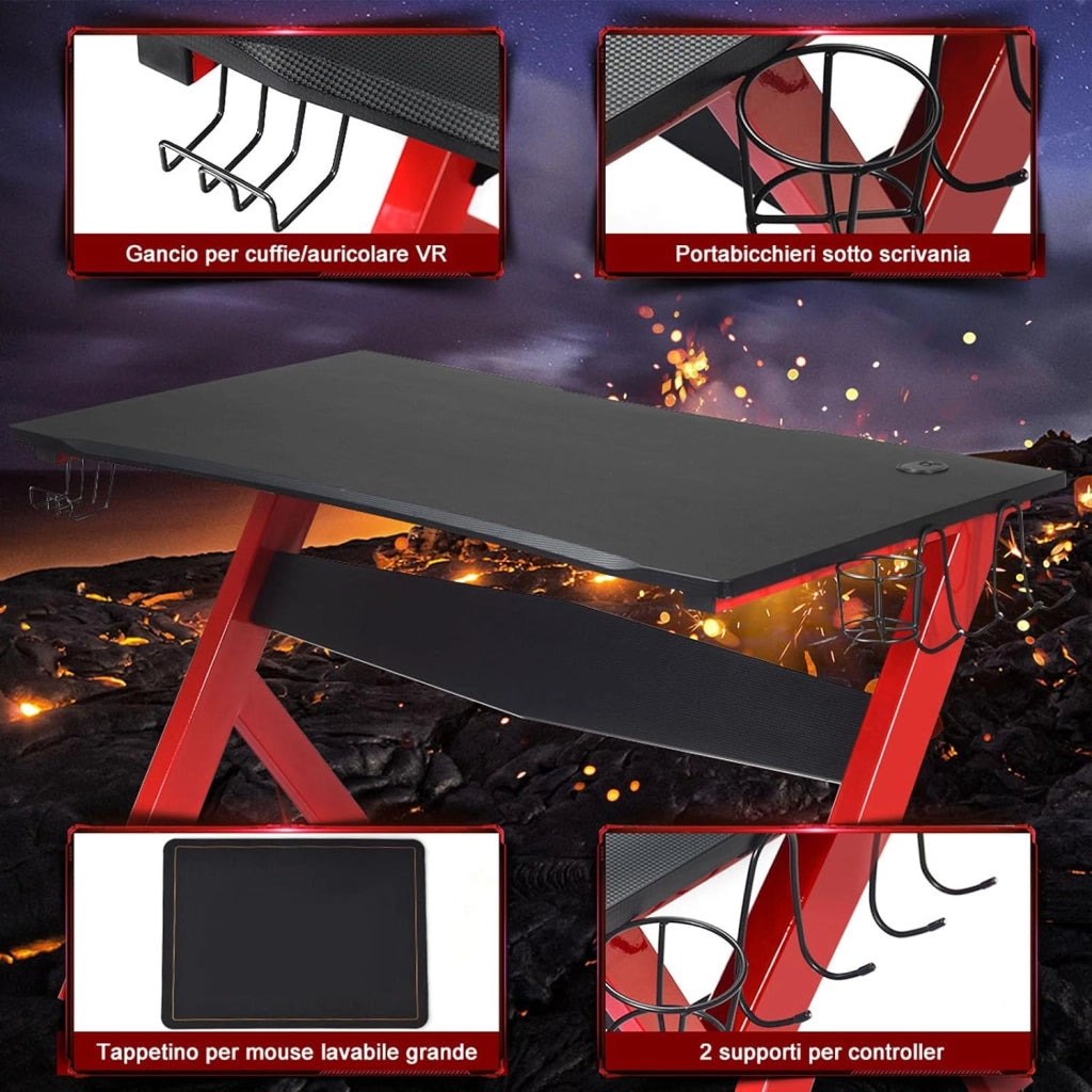 Scrivania da Gaming, Scrivania per Computer con Porta Bicchiere, Tavolo da Gaming con Superficie in Fibra di Carbonio, Capacità di Carico 100 kg, Nero
