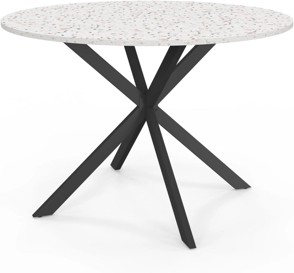 ALIX Tavolo da pranzo rotondo per 6 persone con gamba a ragno nera e piano effetto terrazzo SIMONE 110 cm