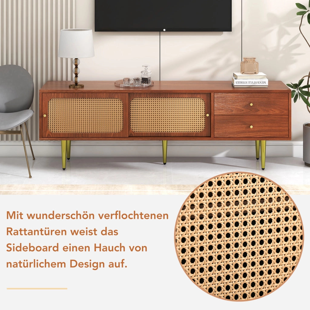 Mobile porta TV con ante scorrevoli in rattan, 2 cassetti, 4 vani e ripiani regolabili, MDF noce 160 × 40 × 60 cm