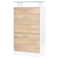 Scarpiera con 2 Ante Ribaltabili, 2 Compartimenti per Ripiano, Cassetto, Piatto in Vetro, Legno Rovere e Bianco