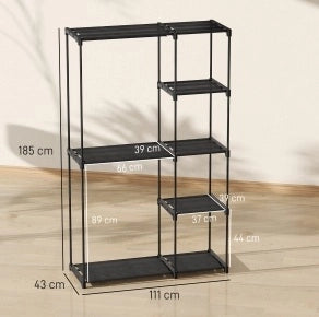 Armadio in tessuto nero con appendiabiti e 6 ripiani, 111 x 43 x 185 cm