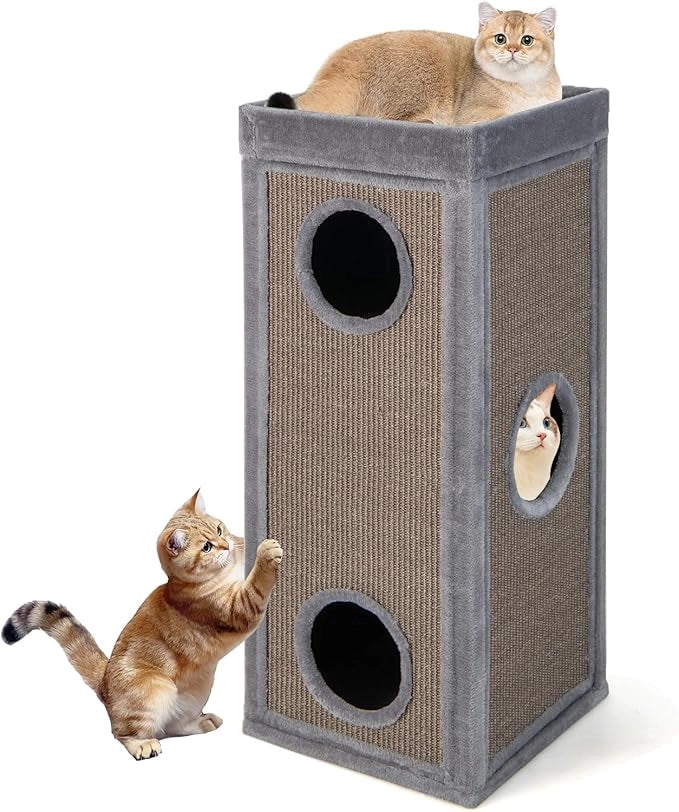 Casa per Gatti a 4 Piani, Condominio per Gatti Alto 99 cm con Trespoli per Graffiare, 3 Nascondigli e 4 Morbidi Cuscini in Peluche, Mobili per Gatti Moderni a Forma di Barile