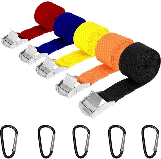Set di cinture di fissaggio, 5 pezzi 25 mm x 1,5 m cinture di fissaggio, cinture di fissaggio brevi con 5 pezzi ganci di carabina, cinture di fissaggio con ronzino, regolabili per auto, bicicletta, motocicletta, bagaglio, campeggio (multicolore)