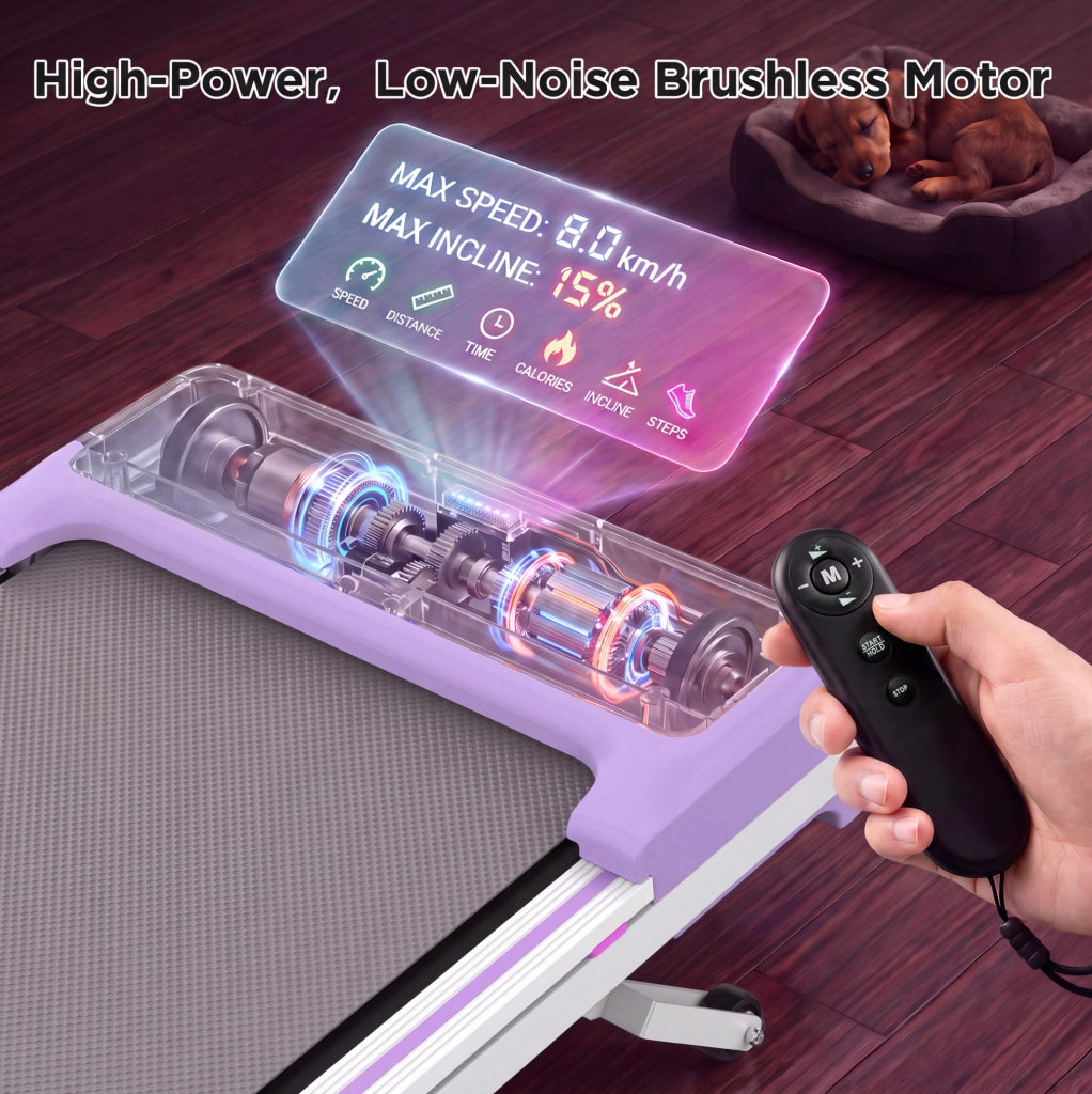 Tapis roulant ULEVR 3,5 HP 1-8 km/h, inclinazione automatica 15%, 12 programmi, Bluetooth, viola