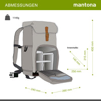 Mantona Luis junior Retro Zaino fotografico grigio, per fotocamera con copertura antipioggia, borsa fotografica con scomparto per laptop, DSLR, 3 obiettivi e accessori fotografici