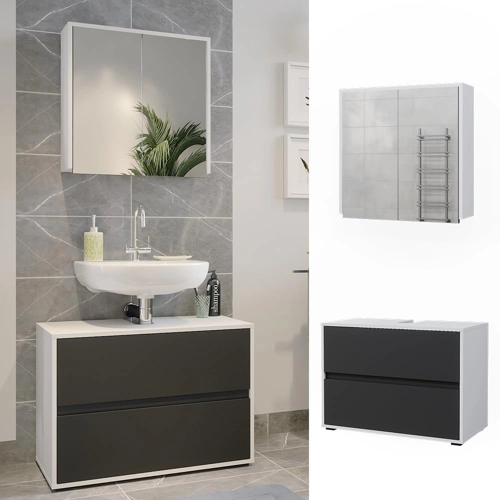 Set di mobili da bagno Maltin, Bianco/antracite, 80 cm, composto da specchio da bagno e mobile sottolavabo