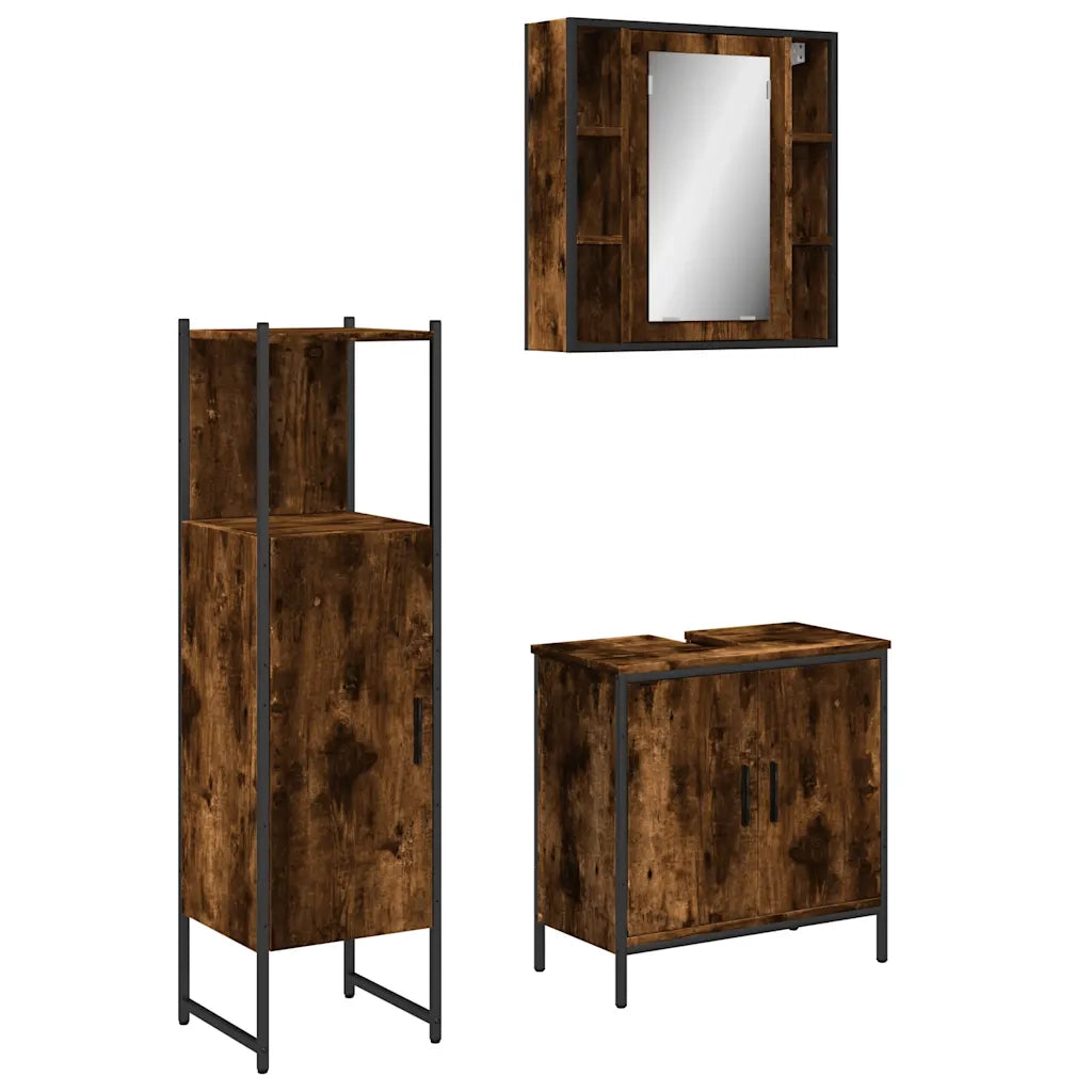 Set Mobili da Bagno 3 pz Rovere Fumo in Legno Multistrato
