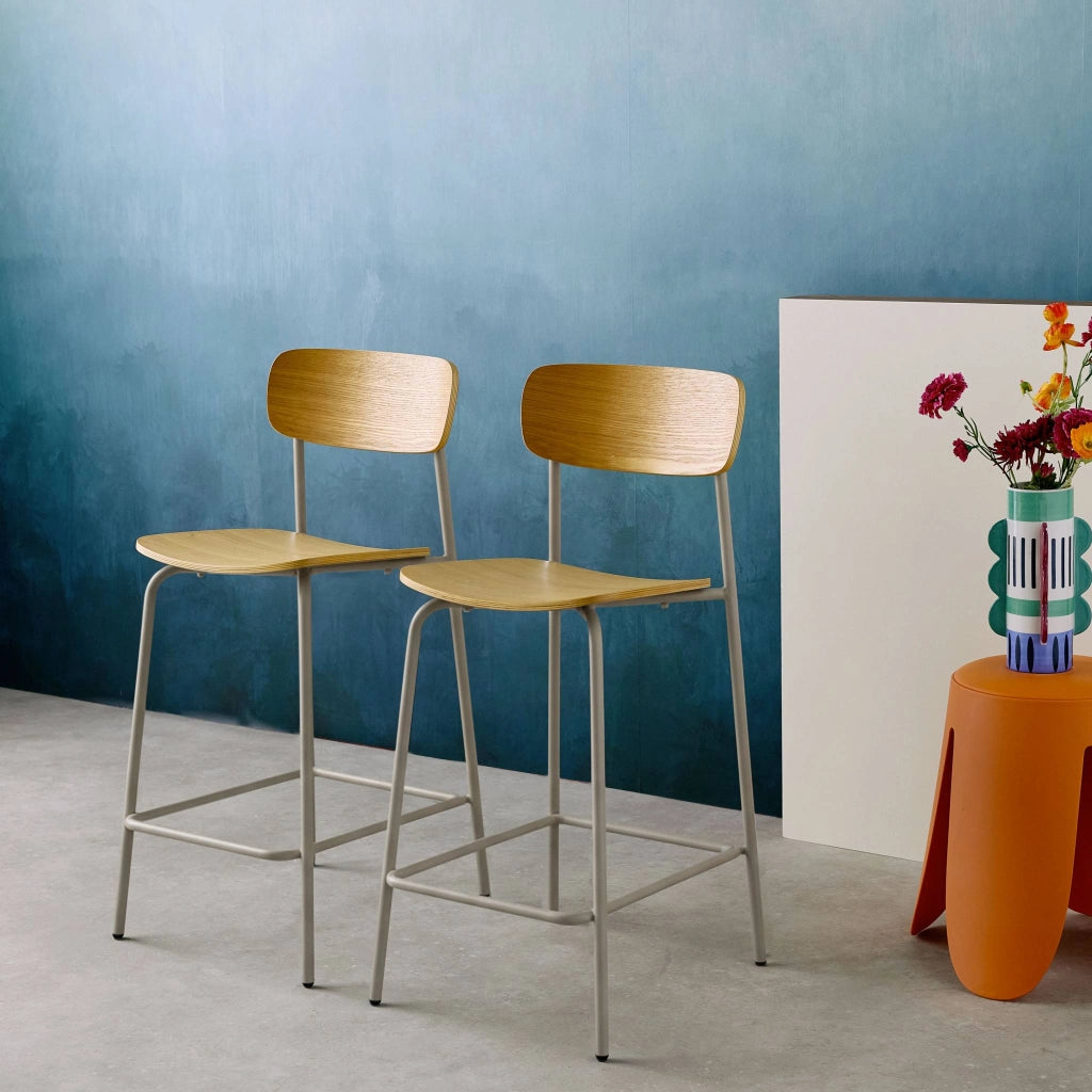 Set di 2 sgabelli da bar vintage metallo e compensato, beige