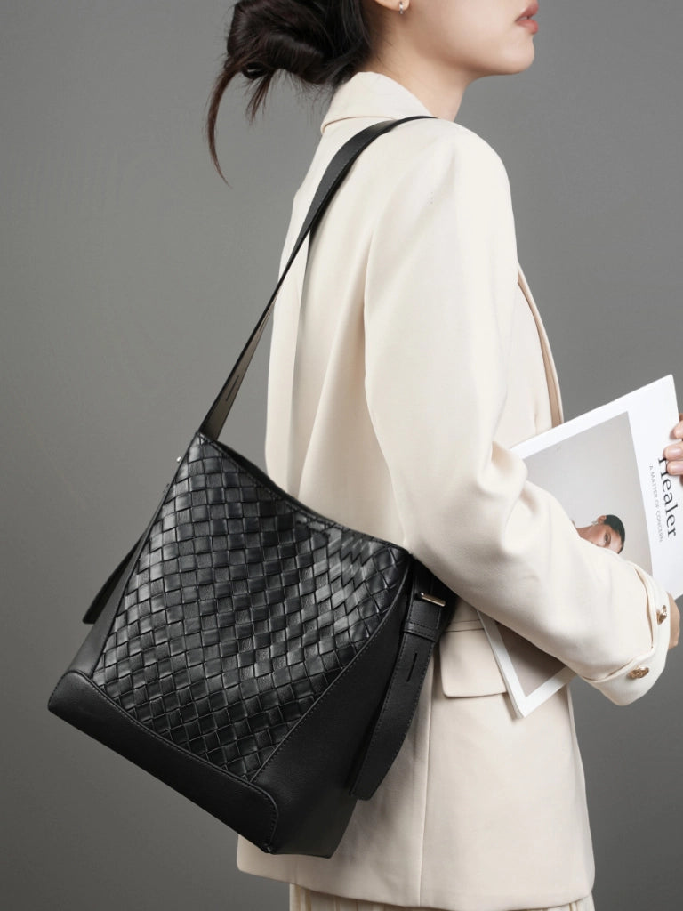 Borsa a mano/a tracolla da donna in vera pelle, colore nero.