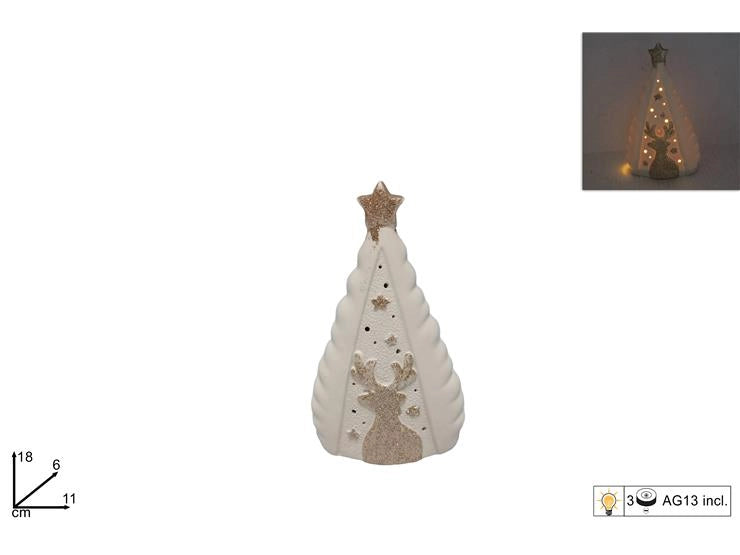 Decorazione Natalizia Albero di Natale Bianco con Renna Glitterata e Luci 18 cm