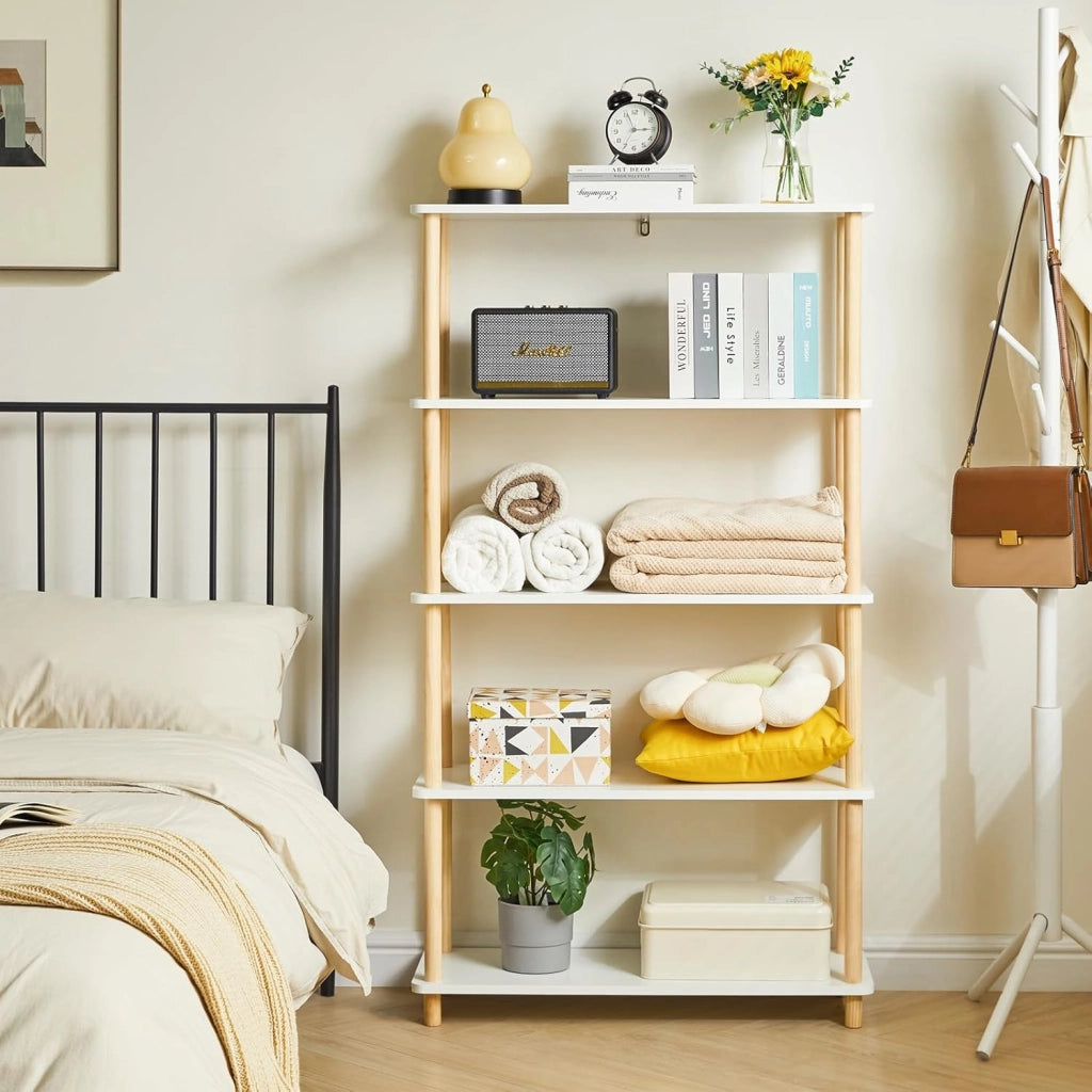 5-Tier libreria aperta in legno - moderno freestanding libreria organizzatore di stoccaggio, scaffali in piedi, espositore multifunzionale per camera da letto, soggiorno, bianco WBC005W