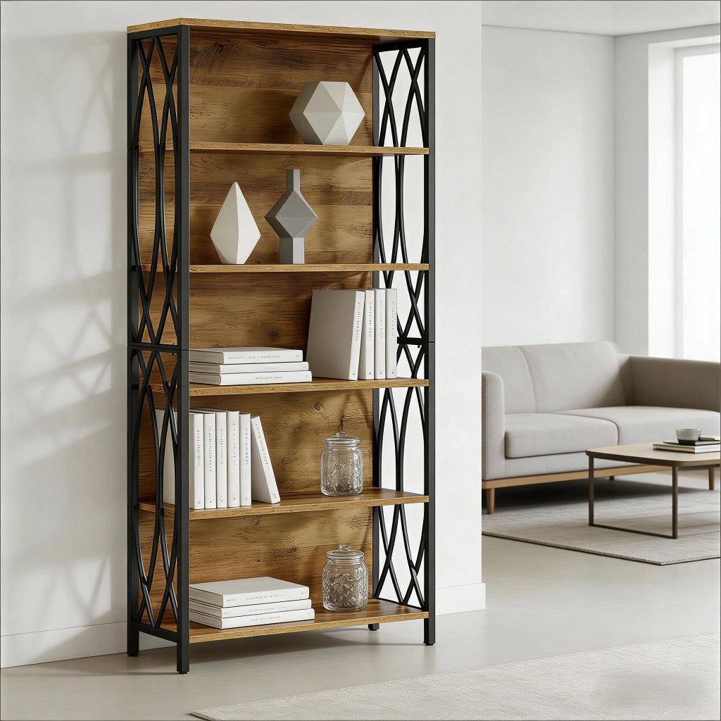 Libreria industriale nera e marrone con decorazione a rami, 180 cm