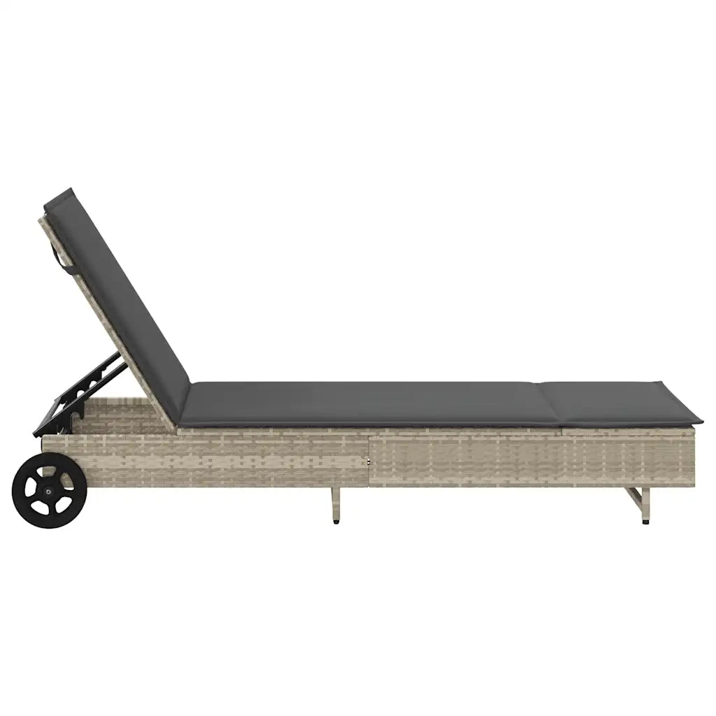 Lettino Prendisole | Sdraio da giardino | Lettino da sole con Ruote e Cuscino Polyrattan Grigio Chiaro